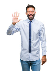 Adult hispanic business man over isolated background showing and pointing up with fingers number...