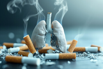 World no tobacco day. Smoking prevention. Lungs and cigarettes. Ashtray with cigarette butts. Concept of breathing health and life.