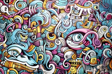 Fototapeta premium Cartoon cute doodles illustrating a detailed and surreal mosaic of abstract elements seamlessly combined in a pattern, Generative AI