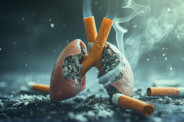 World no tobacco day. Smoking prevention. Lungs and cigarettes. Ashtray with cigarette butts. Concept of breathing health and life. - obrazy, fototapety, plakaty
