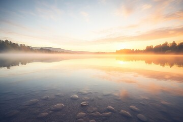reflection of sunrise on a calm freshwater lake