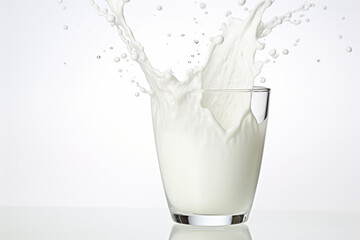 Milk splashing out of glass on white background