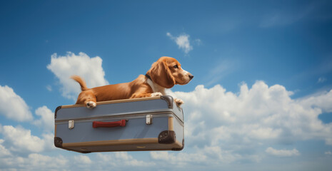 Anticipating an airplane trip concept. Beagle dog sitting on a old-fashioned suitcase with its ears developing, like on a magic carpet, against the backdrop of the sky with clouds