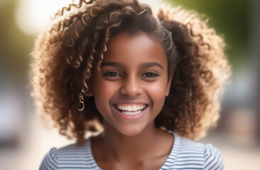 dark-skinned curly girl close-up smiling white teeth