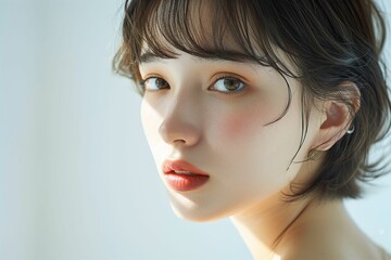 素肌の綺麗な日本人メイクモデルのポートレート（白背景・美肌・透明感） - obrazy, fototapety, plakaty