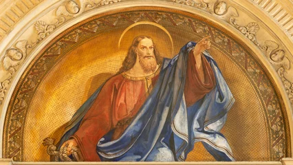 Schilderijen op glas VICENZA, ITALY - NOVEMBER 6, 2023: The fresco of apostle with the rope in the church Chiesa di San Giacomo Maggiore by unknown artist from 19. cent.  © Renáta Sedmáková