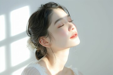 素肌の綺麗な日本人メイクモデルのポートレート（白背景・美肌・透明感）