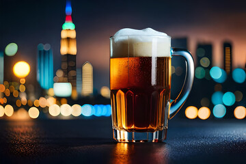 large pint of fresh dark beer on a rooftop terrace , urban lights background - obrazy, fototapety, plakaty