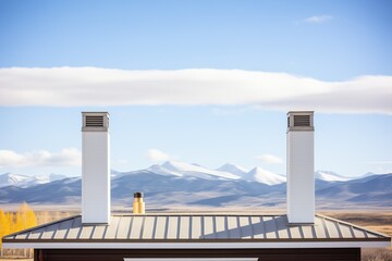 dual chimneys on prairie lodge, mountain range in the distance