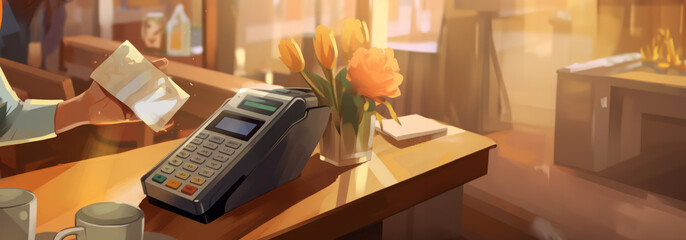 Illustration A cozy cafe scene with a card payment terminal in the foreground, a bouquet of orange tulips and a blurred human figure against a warm, sunlit background. Payment technology in retail 