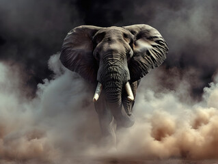 Wallpaper with attacking African elephant. Edited AI illustration with animals.	