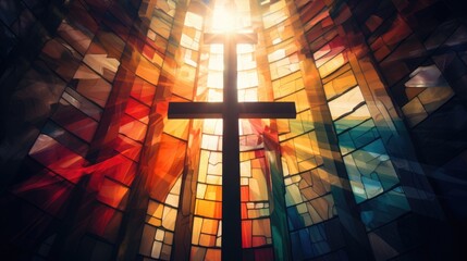 stained glass window with Christian cross, religious symbol. prayer in church. faith and hope. multi-colored sun rays. - obrazy, fototapety, plakaty