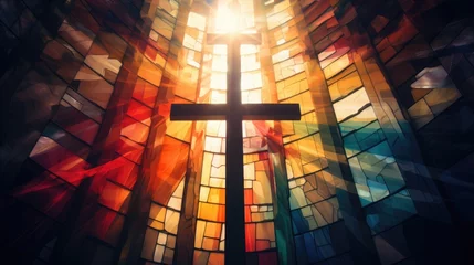 Papier Peint photo autocollant Coloré stained glass window with Christian cross, religious symbol. prayer in church. faith and hope. multi-colored sun rays.