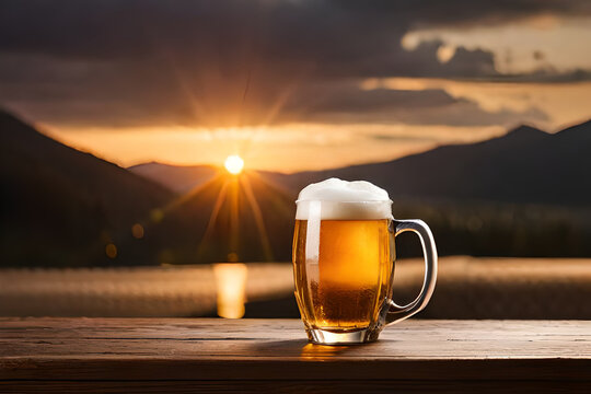 large foamy pint of beer on a  bar counter , bokeh background
