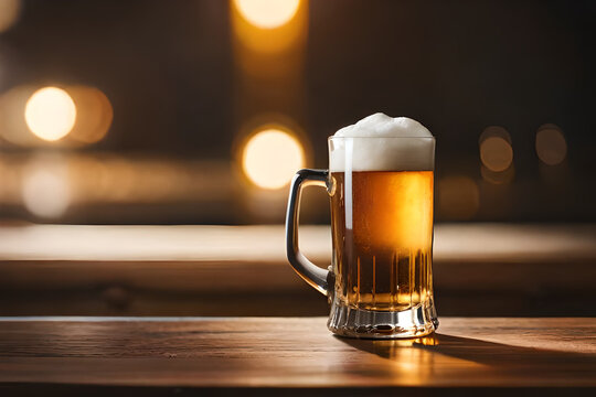 large foamy pint of beer on a  bar counter , bokeh background