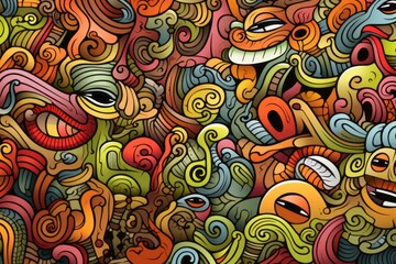 Fototapeta premium Cartoon cute doodles of abstract surreal elements, intricately designed to form a mesmerizing and detailed seamless pattern, Generative AI 