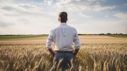 Naklejka na ściany i meble Back view of a man in a white shirt looking over a golden wheat field under a vast sky.