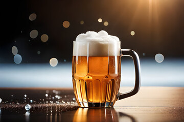 large pint of beer on a  bar counter , bokeh background