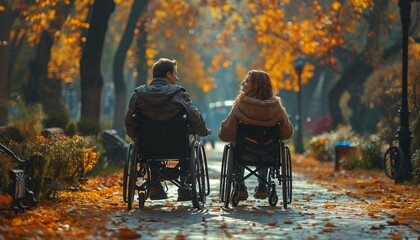 Girl on Wheelchairs with Boyfriend in Summer Park. Disabled Young Woman. Woman on Wheelchair. Relaxing in Summer Park, park, couple, disability, girlfriend, boyfriend, summer - obrazy, fototapety, plakaty