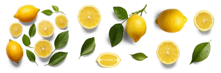 Foto op Plexiglas Lemon with leaves and slices isolated on a white or transparent background, top view png  © gmBot