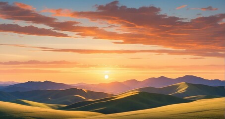 Obraz premium A scene featuring rolling hills bathed in the warm hues of a setting sun, casting long shadows and illuminating the valleys between the peaks - Generative AI