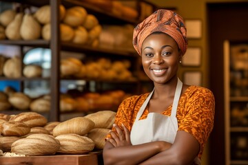 African woman business owner interviewed in artisanal bakery. Woman owning bakery be on par with men in business financial terms and insists on gender equality - obrazy, fototapety, plakaty