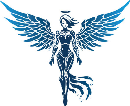 Minimalist illustration featuring a full-length techno angel girl with wings in a simple vector stencil design on a white background