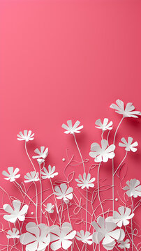 Mother's day concept - vertical background for stories, white flowers in paper cradt style, solid color background
