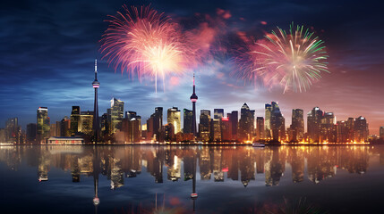 Fototapeta na wymiar a vibrant display of fireworks over a Canadian city skyline, illuminating the night sky for a festive Canada Day 2024 card in high definition