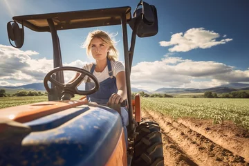 Poster Female farm worker driving tractor in agricultural field on sunny day. Farmer works to harvest crops in middle of summer tilling fields with tractor, close-up © lenblr
