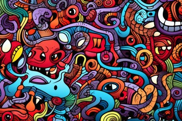Cartoon cute doodles of abstract surreal elements, intricately woven together to form an elaborate and detailed seamless pattern, Generative AI