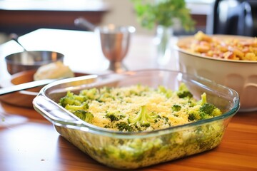 broccoli rice casserole in glass dish, fresh out oven