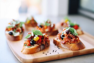 sun-dried tomato and olive bruschettas in a row - obrazy, fototapety, plakaty