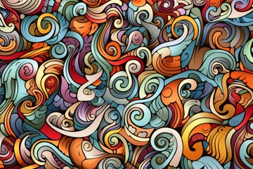 Naklejka premium Cartoon cute doodles of abstract surreal elements, intricately woven together to form an elaborate and detailed seamless pattern, Generative AI 
