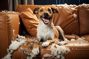 Funny, guilty dog making a mess on the furniture. - obrazy, fototapety, plakaty