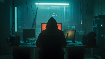 A hacker wearing a hoodie in a room full of computers. Cyber security. Hacking and cracking. Cyber espionage. Cyber threat. The dark web. - obrazy, fototapety, plakaty