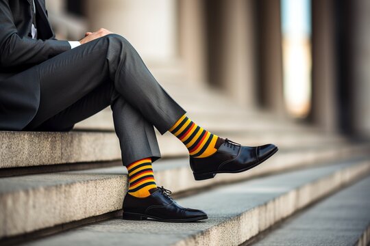 Businessman in colorful striped socks sits on the stairs in an urban environment.