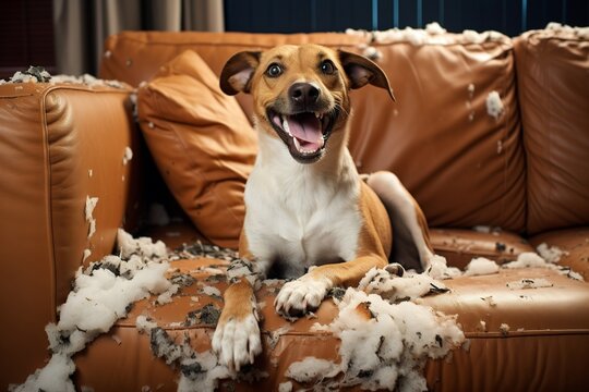 Funny, guilty dog making a mess on the furniture.