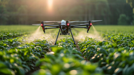Smart farm drone flying spray Modern technologies in agriculture. industrial drone flies over green field and sprays useful pesticides to increase productivity destroys harmful insects.	 - obrazy, fototapety, plakaty