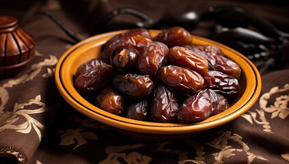 brown dates in a bowl on a brown cloth