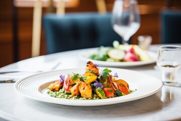 chicken tikka paired with roasted vegetables on skewer