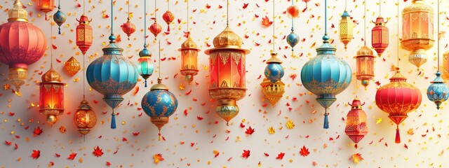 ramadan and eid wallpaper design with colorful lanterns