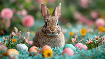 Fototapeta na wymiar Little bunny with painted eggs in flowery meadow. Easter postcard.