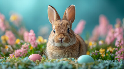 Fototapeta na wymiar Little bunny with painted eggs in flowery meadow. Easter postcard.
