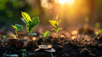 Fotobehang Sunlight shines through growing seedlings with coins piled around, concept of saving money. © KKC Studio