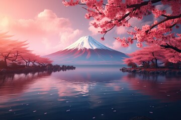 view of mount fuji with pink blossoms and the sky