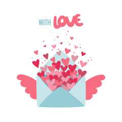 Valentine gift social concept in flat style. Envelope with flying hearts.
