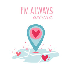 Valentine gift social concept in flat style. Vector illustration about relationships with location marker. Love message.