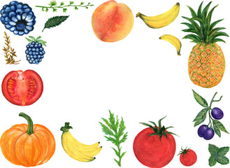 Watercolor fruit and vegetables frame banner border label pattern greetings collection