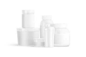 Blank white protein can, bottle and shaker mockup, front view